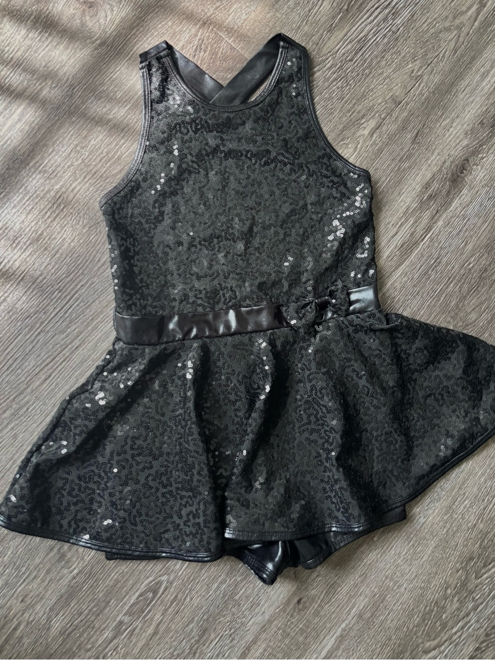 Girls Black Sequin Dance Skater Costume with Satin Waist